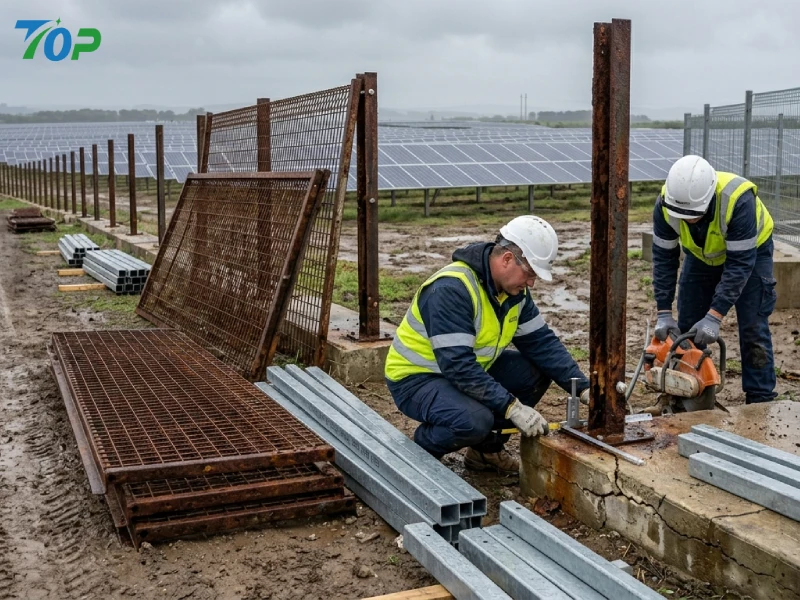 Technicians replacing corroded traditional fence sections at remote utility-scale solar farm perimeter